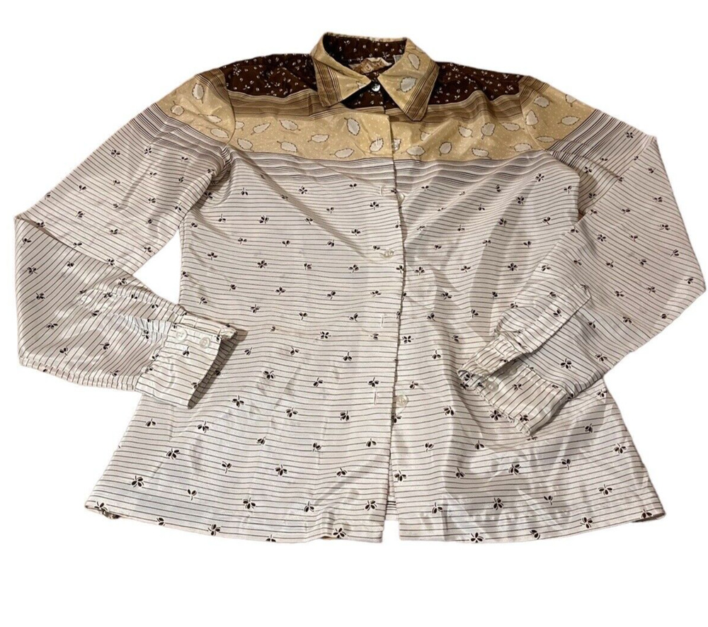 Vintage Amanda cream & Brown button up Womens small Wide Collar 70's/80's